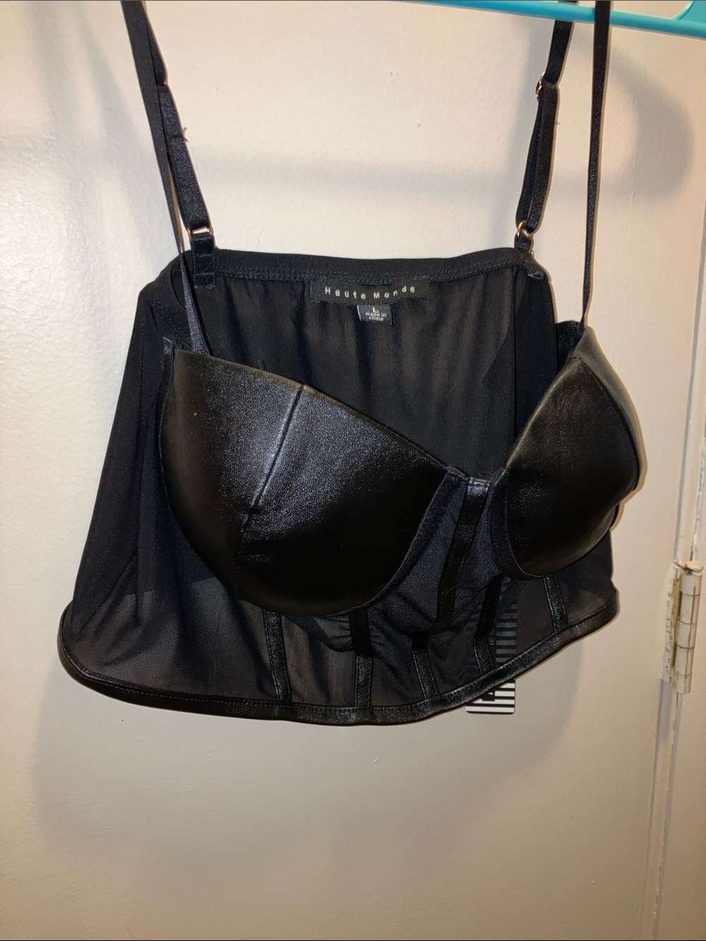 Haute Monde Black Faux-Leather Bustier Crop Top with Mesh Panels Large New